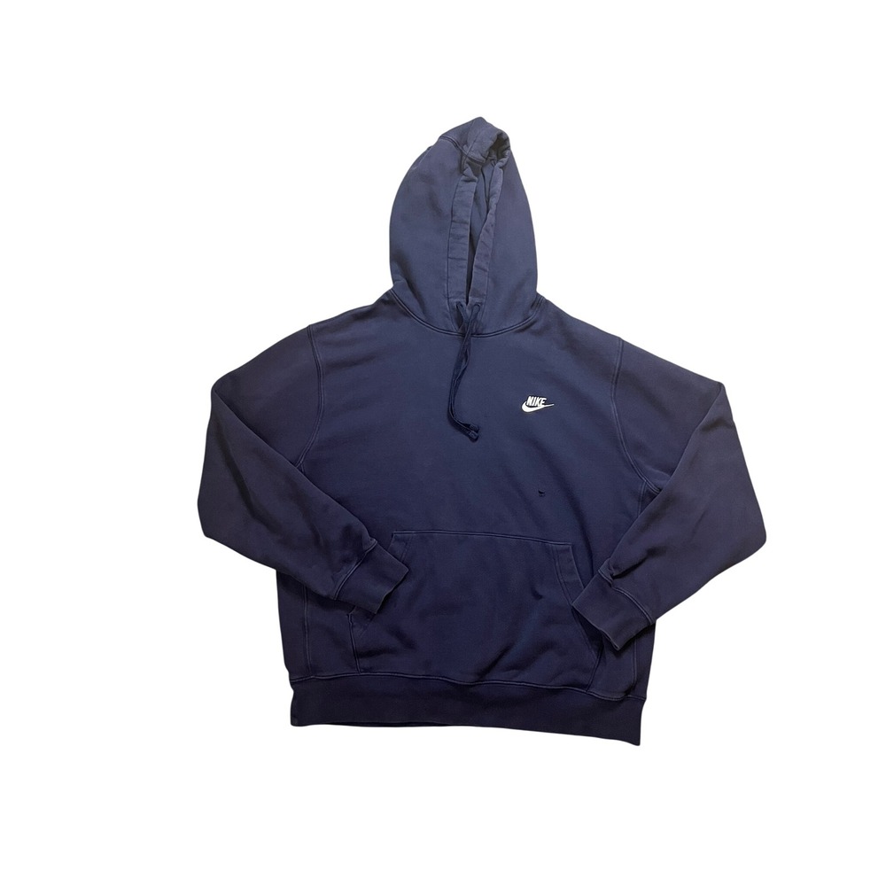 Nike Sportswear Club Fleece Hoodie Navy Blue Embroidered Logo Large Distressed